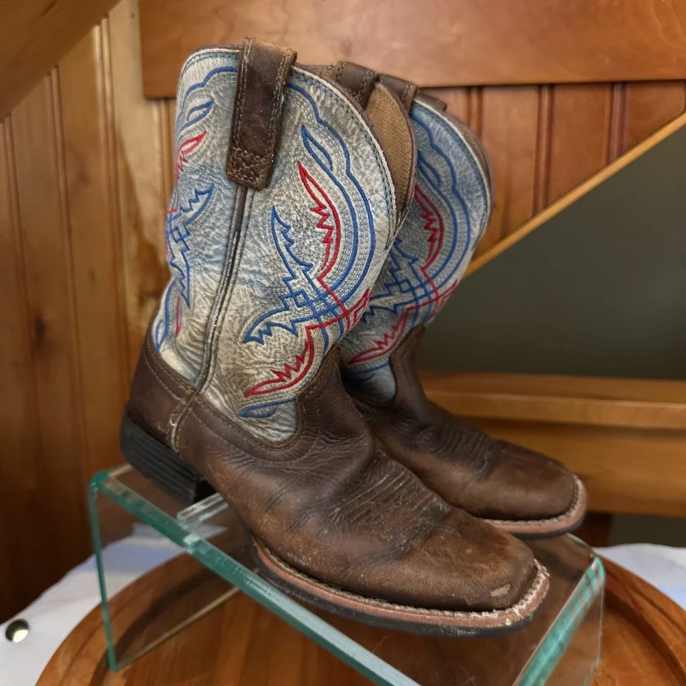 Ariat Kids Western Boots Brown Leather Blue Red Stitching Square Toe Size 1